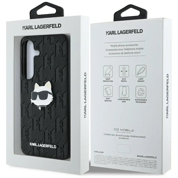 Karl Lagerfeld Leather Monogram Pin Logo Choupette Head Samsung Galaxy S25 Plus Case Black - Cell phone cases