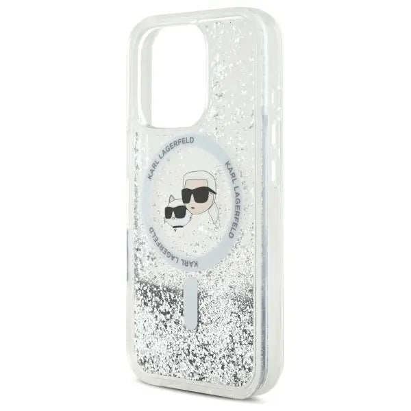 Karl Lagerfeld Liquid Glitter Karl & Choupette Head Magsafe iPhone 16 Pro Case - Clear - Cell phone cases
