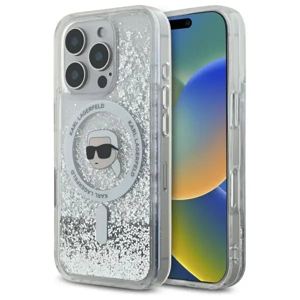 Karl Lagerfeld Liquid Glitter Karl Head Magsafe Case for iPhone 16 Pro Max - Clear - Cell phone cases