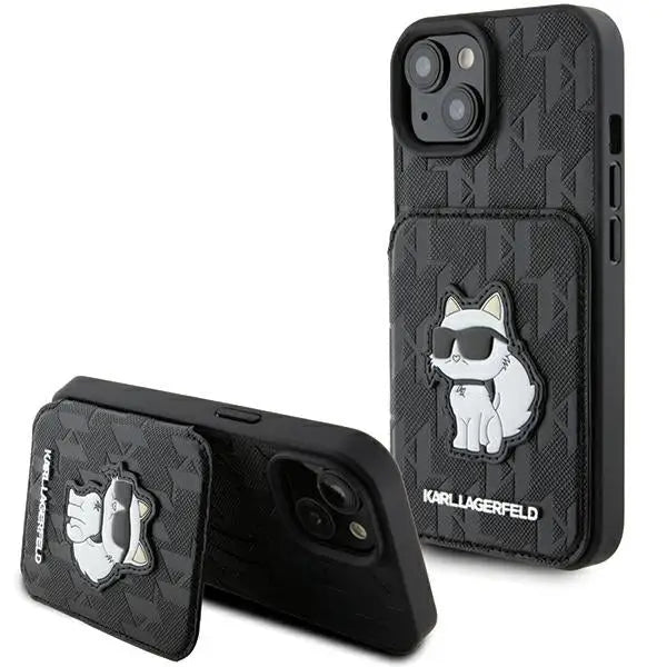 Karl Lagerfeld Saffiano Cardslots and Stand Monogram Choupette case for iPhone 15 - black - Cell phone cases