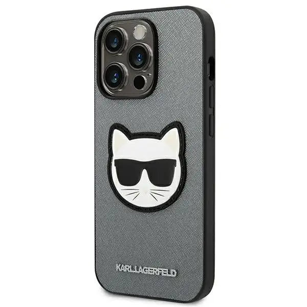 Karl Lagerfeld Saffiano Choupette Head Patch case for iPhone 14 Pro - silver - Cell phone cases and covers<<<HurtelXML