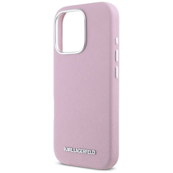 Karl Lagerfeld Saffiano Full Wrapped Elongated Metal Logo MagSafe iPhone 16 Pro Max Case - Pink - Cell phone cases