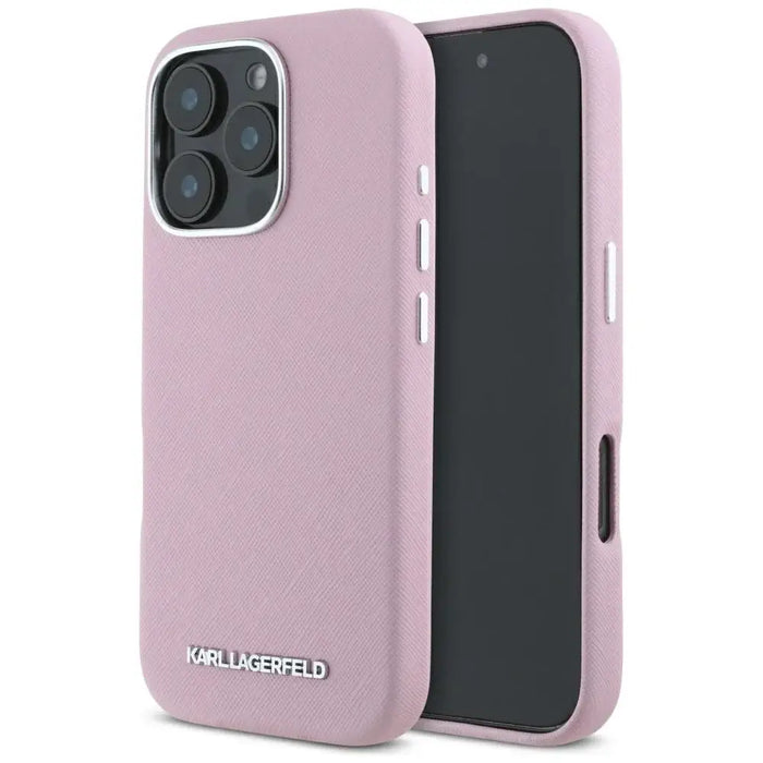 Karl Lagerfeld Saffiano Full Wrapped Elongated Metal Logo MagSafe iPhone 16 Pro Case - Pink - Cell phone cases