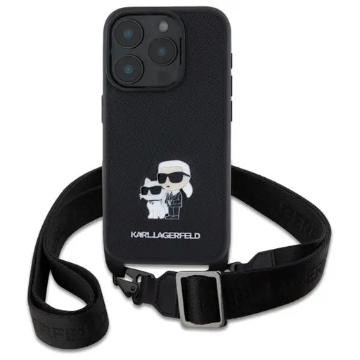 Karl Lagerfeld Saffiano Karl&Choupette Metal Pin CBDY Strap iPhone 16 Pro Case - Black - Cell phone cases