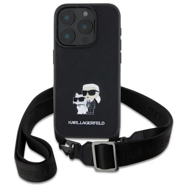 Karl Lagerfeld Saffiano Karl&Choupette Metal Pin CBDY Strap iPhone 16 Pro Case - Black - Cell phone cases