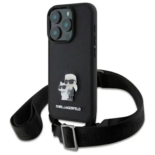 Karl Lagerfeld Saffiano Karl&Choupette Metal Pin CBDY Strap iPhone 16 Pro Max Case - Black - Cell phone cases