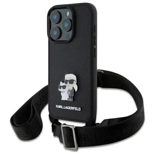 Karl Lagerfeld Saffiano Karl&Choupette Metal Pin CBDY Strap iPhone 16 Pro Case - Black - Cell phone cases