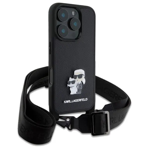 Karl Lagerfeld Saffiano Karl&Choupette Metal Pin CBDY Strap iPhone 16 Pro Case - Black - Cell phone cases