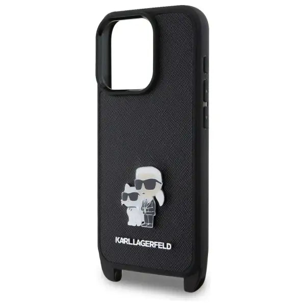 Karl Lagerfeld Saffiano Karl&Choupette Metal Pin CBDY Strap iPhone 16 Pro Max Case - Black - Cell phone cases