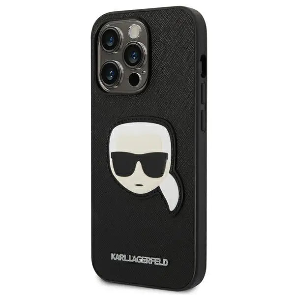 Karl Lagerfeld Saffiano Karl’s Head Patch Case for iPhone 14 Pro - Black - Cell phone cases and covers<<<HurtelXML