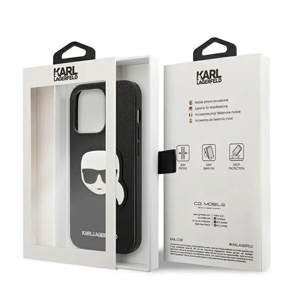 Karl Lagerfeld Saffiano Karl’s Head Patch Case for iPhone 14 Pro - Black - Cell phone cases and covers<<<HurtelXML