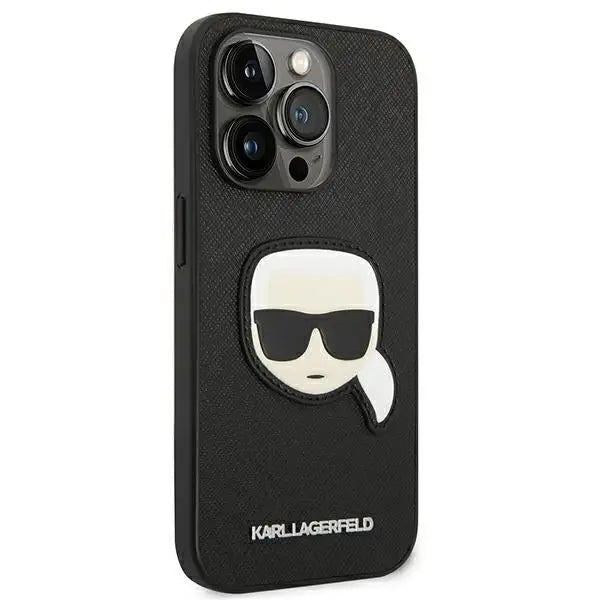 Karl Lagerfeld Saffiano Karl’s Head Patch Case for iPhone 14 Pro - Black - Cell phone cases and covers<<<HurtelXML