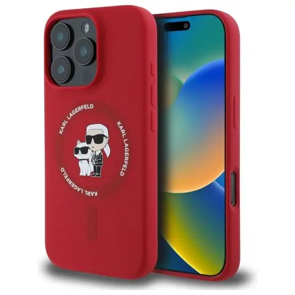 Karl Lagerfeld Silicone Karl&Choupette Heads Ring MagSafe Case for iPhone 16 Pro - Red - Cell phone cases