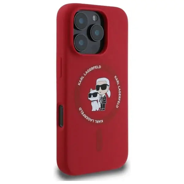 Karl Lagerfeld Silicone Karl&Choupette Heads Ring MagSafe Case for iPhone 16 Pro - Red - Cell phone cases