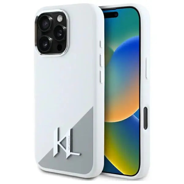 Karl Lagerfeld Silicone Shadow Metal Initial MagSafe iPhone 16 Pro Case - White - Cell phone cases
