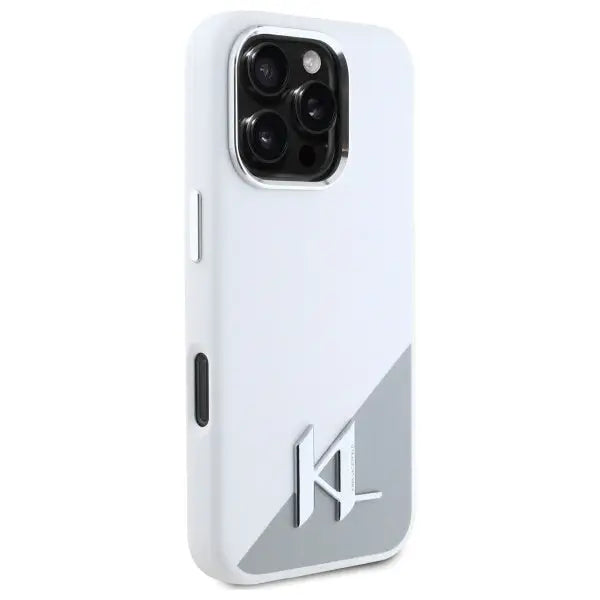 Karl Lagerfeld Silicone Shadow Metal Initial MagSafe iPhone 16 Pro Case - White - Cell phone cases