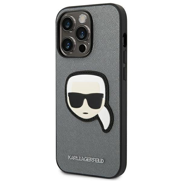 Karl Lagerfeld Saffiano Karl&#39;s Head Patch Case for iPhone 14 Pro - Silver
