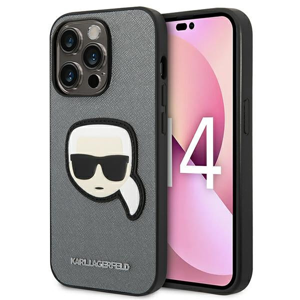 Karl Lagerfeld Saffiano Karl&#39;s Head Patch Case for iPhone 14 Pro - Silver