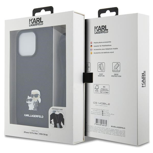 Karl Lagerfeld KLHCP14XSAKCPSK case for iPhone 14 Pro Max 6.7" hardcase - black Crossbody Saffiano Metal Pin Karl&Choupette