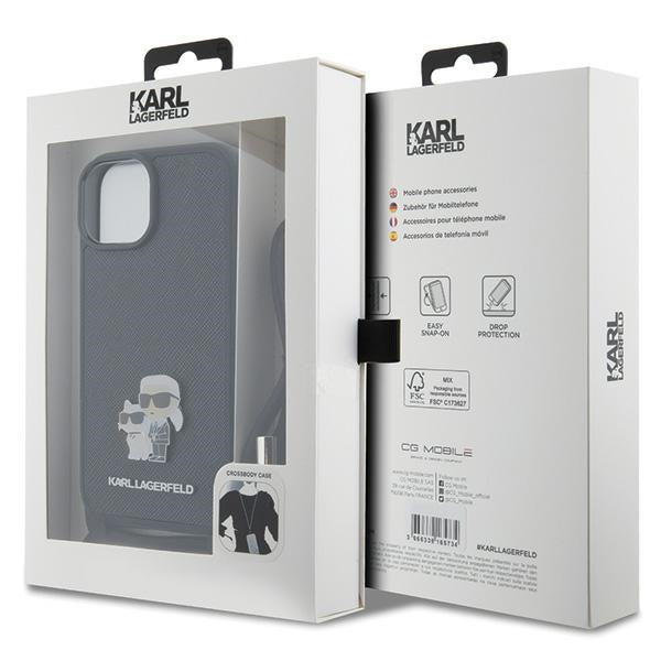 Karl Lagerfeld Crossbody Saffiano Metal Pin Karl & Choupette case for iPhone 15 - black