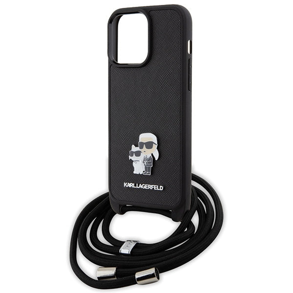 Karl Lagerfeld Crossbody Saffiano Metal Pin Karl & Choupette Case for iPhone 15 Pro Max - Black