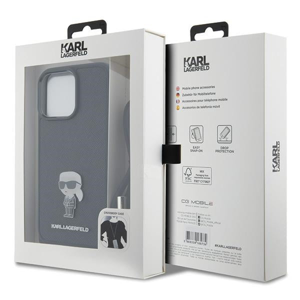 Karl Lagerfeld Crossbody Saffiano Monogram Metal Pin Karl & Choupette Case for iPhone 15 Pro Max - Black