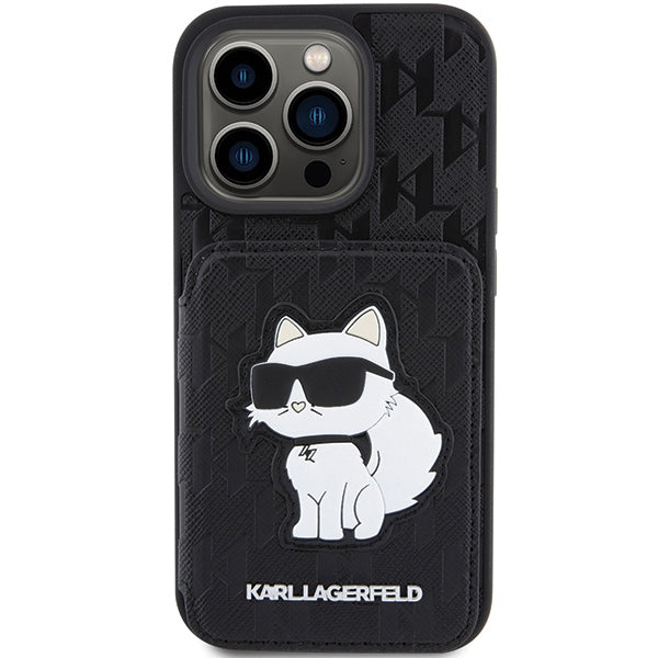 Karl Lagerfeld Saffiano Cardslots and Stand Monogram Choupette Case for iPhone 15 Pro - Black