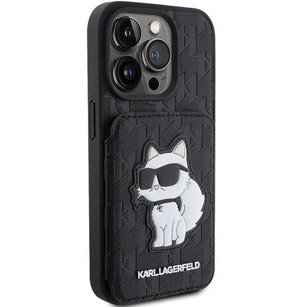 Karl Lagerfeld Saffiano Cardslots and Stand Monogram Choupette Case for iPhone 15 Pro - Black