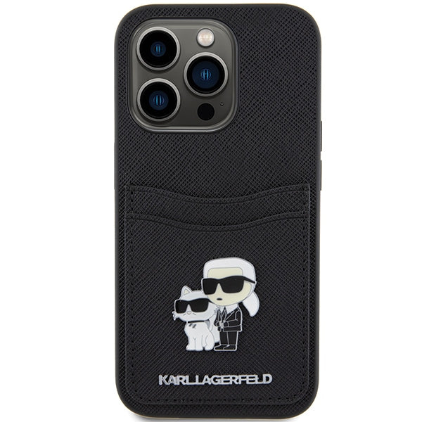 Karl Lagerfeld Saffiano Cardslot Karl&amp;Choupette Metal Pin case for iPhone 15 Pro - black