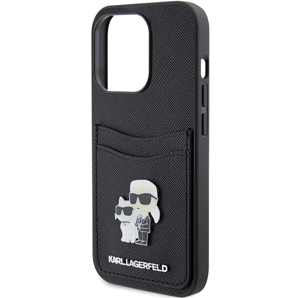 Karl Lagerfeld Saffiano Cardslot Karl&amp;Choupette Metal Pin case for iPhone 15 Pro - black