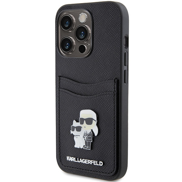 Karl Lagerfeld Saffiano Cardslot Karl&amp;Choupette Metal Pin case for iPhone 15 Pro - black