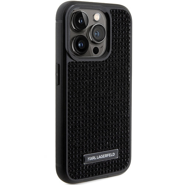 Karl Lagerfeld Rhinestone Logo Metal Plate case for iPhone 15 Pro Max - black