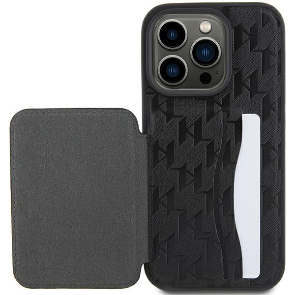 Karl Lagerfeld Saffiano Cardslots and Stand Monogram Choupette Case for iPhone 15 Pro Max - Black