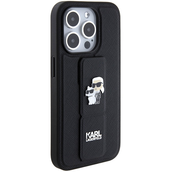 Karl Lagerfeld Gripstand Saffiano Karl&amp;Choupette Pins case for iPhone 15 Pro - black