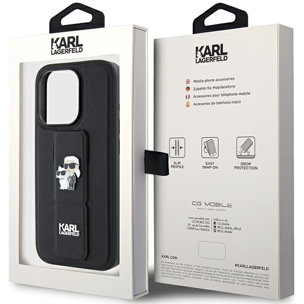 Karl Lagerfeld Gripstand Saffiano Karl&amp;Choupette Pins case for iPhone 15 Pro - black