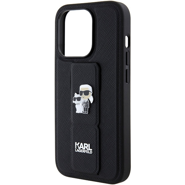 Karl Lagerfeld Gripstand Saffiano Karl&amp;Choupette Pins case for iPhone 15 Pro - black