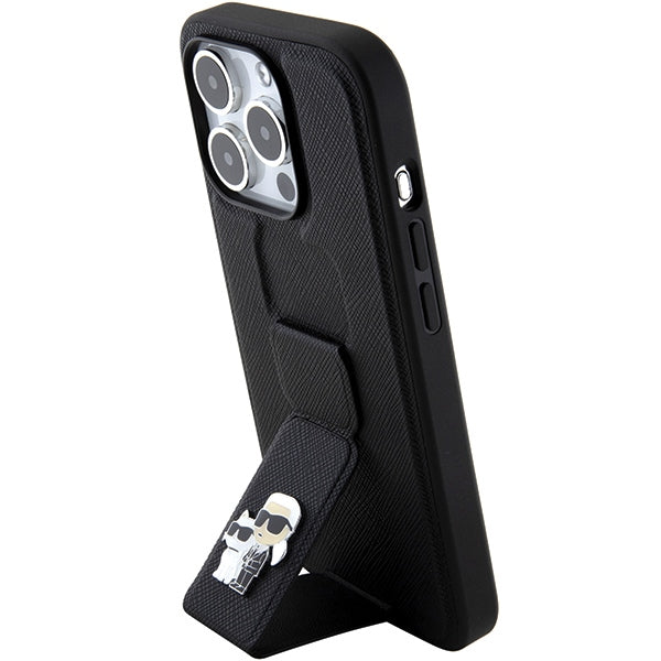 Karl Lagerfeld Gripstand Saffiano Karl&amp;Choupette Pins case for iPhone 15 Pro - black