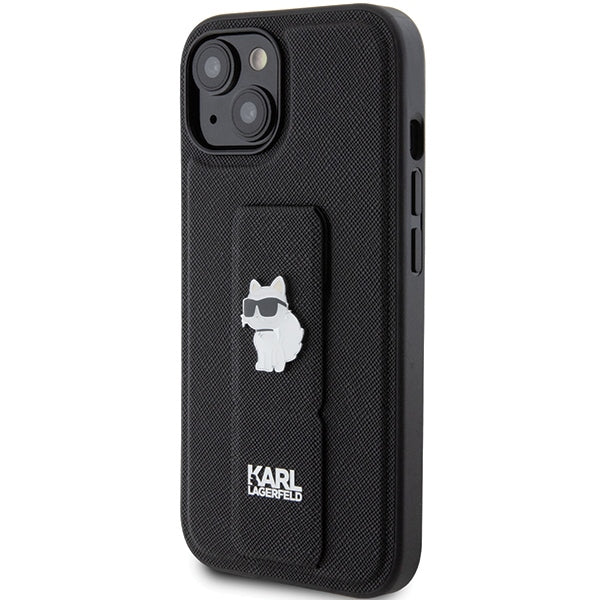 Karl Lagerfeld Gripstand Saffiano Choupette Pins Case for iPhone 15 Plus / 14 Plus - Black