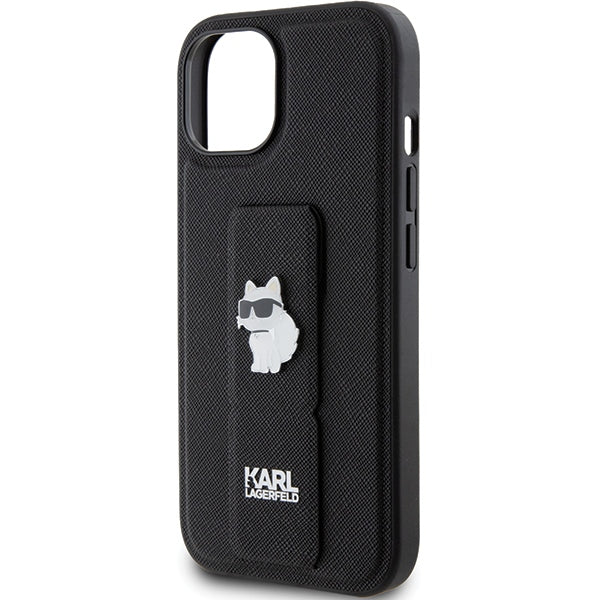Karl Lagerfeld Gripstand Saffiano Choupette Pins case for iPhone 15 - black