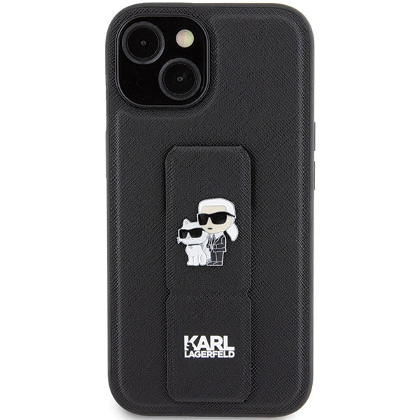 Karl Lagerfeld Gripstand Saffiano Karl&Choupette Pins case for iPhone 15 - black