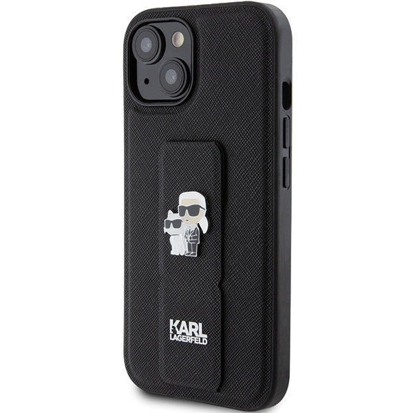 Karl Lagerfeld Gripstand Saffiano Karl&amp;Choupette Pins case for iPhone 15 - black