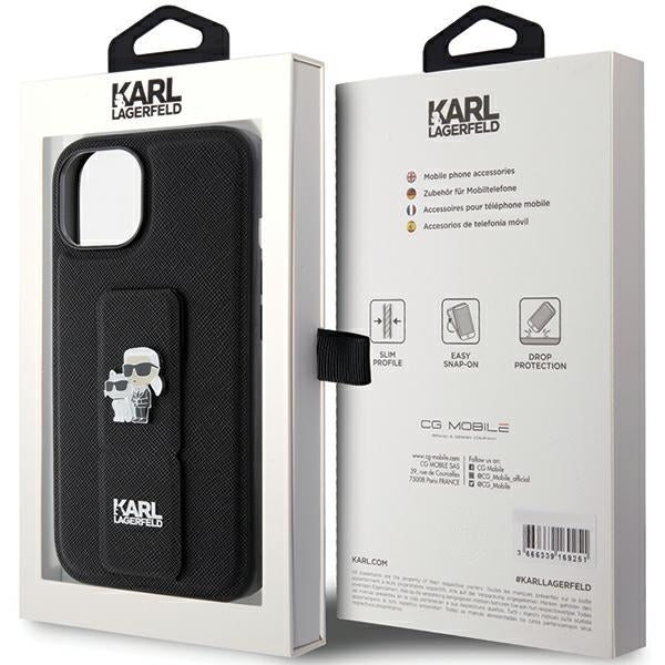 Karl Lagerfeld Gripstand Saffiano Karl&Choupette Pins case for iPhone 15 - black