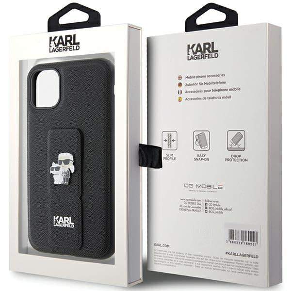 Karl Lagerfeld Gripstand Saffiano Karl&amp;Choupette Pins case for iPhone 11 / Xr - black