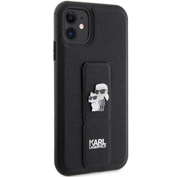 Karl Lagerfeld Gripstand Saffiano Karl&amp;Choupette Pins case for iPhone 11 / Xr - black
