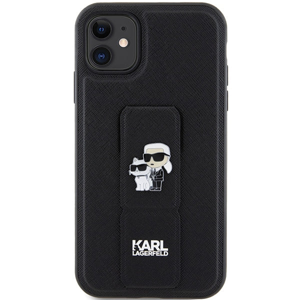 Karl Lagerfeld Gripstand Saffiano Karl&amp;Choupette Pins case for iPhone 11 / Xr - black