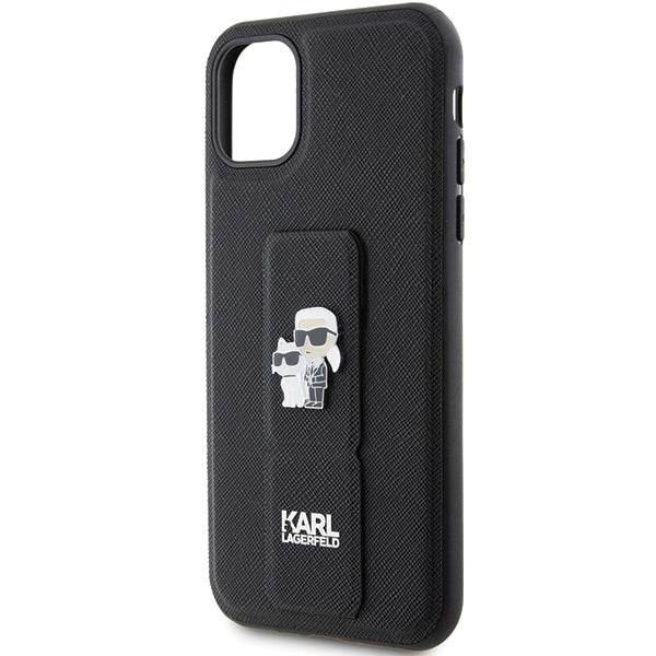 Karl Lagerfeld Gripstand Saffiano Karl&amp;Choupette Pins case for iPhone 11 / Xr - black