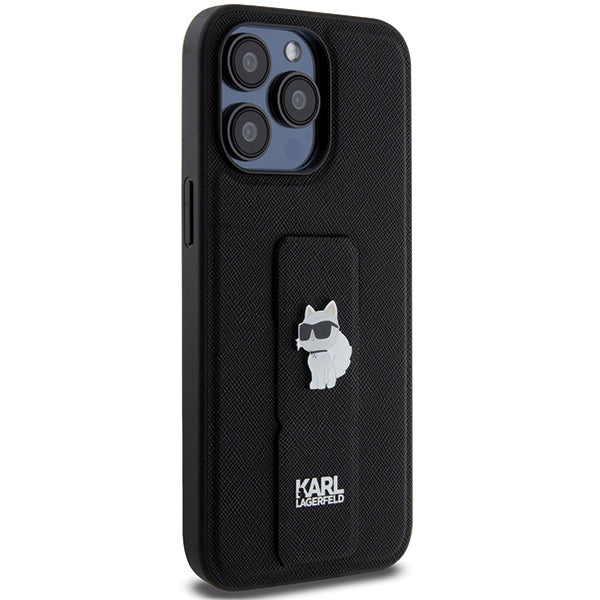 Karl Lagerfeld Gripstand Saffiano Choupette Pins Case for iPhone 13 Pro / 13 - Black