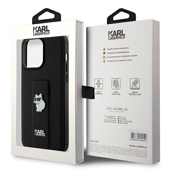 Karl Lagerfeld Gripstand Saffiano Choupette Pins Case for iPhone 13 Pro / 13 - Black
