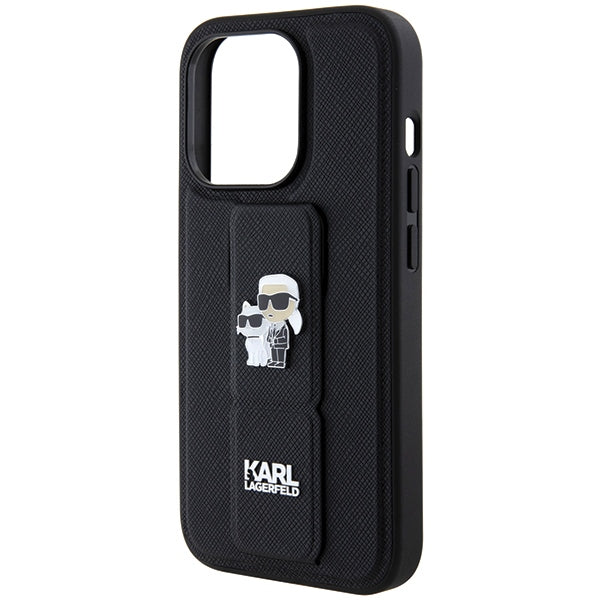 Karl Lagerfeld Gripstand Saffiano Karl&amp;Choupette Pins case for iPhone 13 Pro / 13 - black