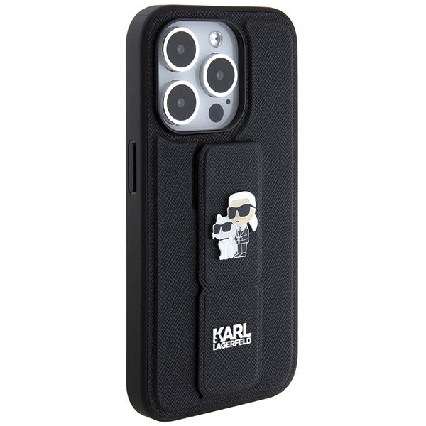 Karl Lagerfeld Gripstand Saffiano Karl&amp;Choupette Pins case for iPhone 13 Pro / 13 - black